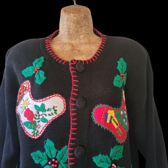 Vintage Christmas Cardigan Sweater With Embroidered Stockings & Holly - Picture 3 of 16
